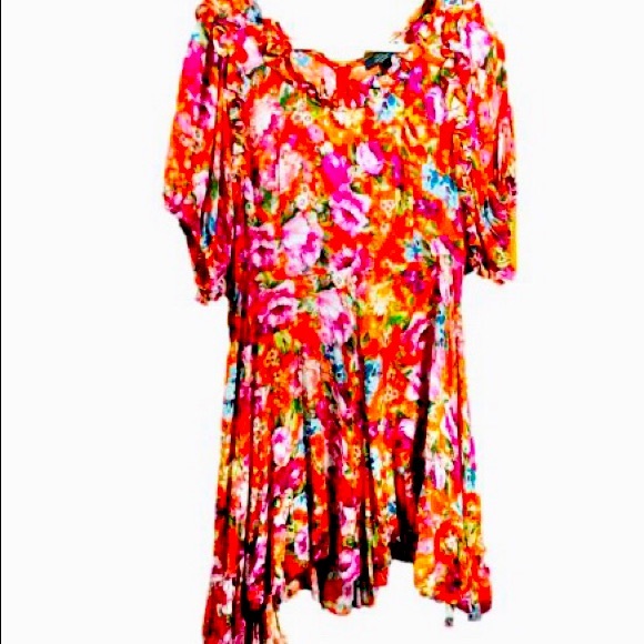 ICONS Objects of Devotion Floral Dress puff sleeve Red Pink Ruffle Neckline Hem - Picture 2 of 15